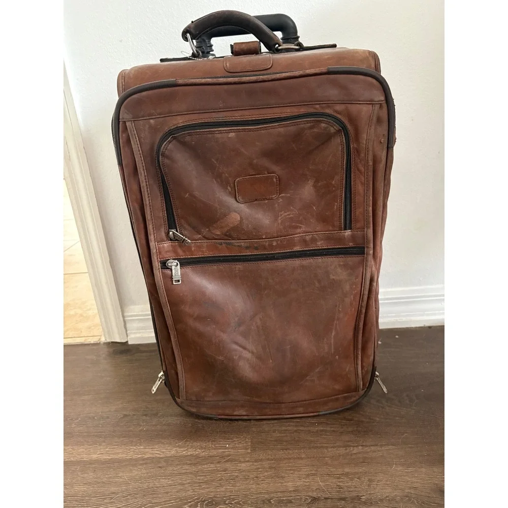 Tumi Brown Leather Rolling Suitcase Upright Luggage Bag Distressed 24 Inch